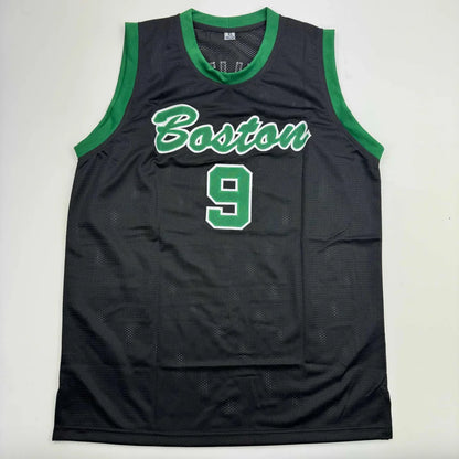 Autographed black mesh boston basketball jersey with green trim and custom boston 9 lettering for professional sports league