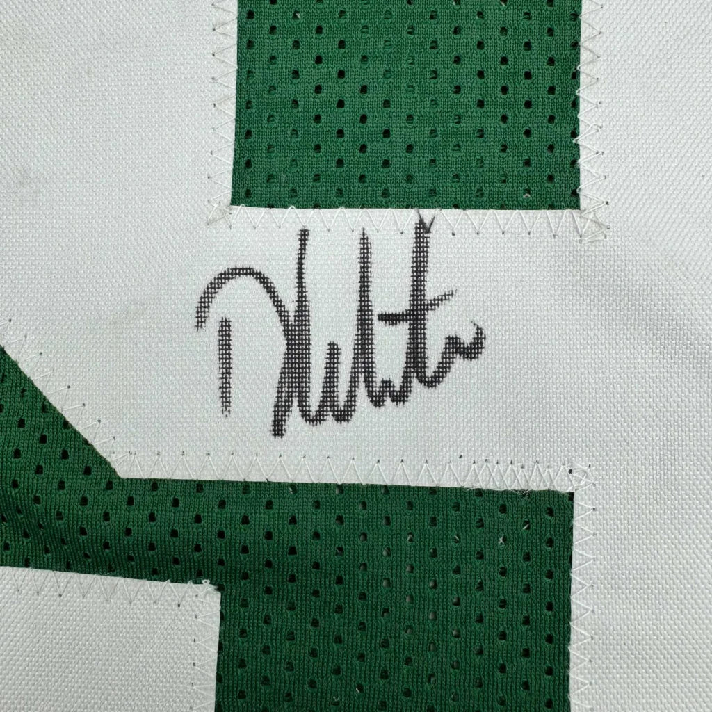 Signed green and white custom jersey with autograph, perfect for professional sports fans