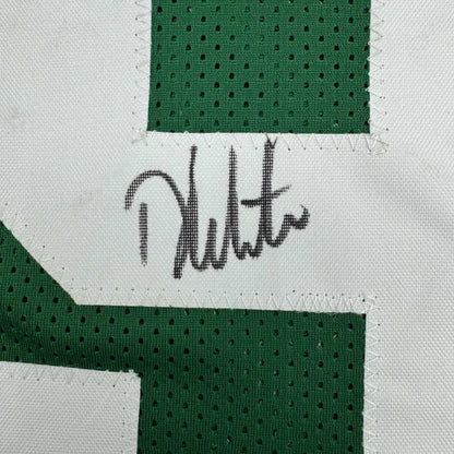 Signed green and white custom jersey with autograph, perfect for professional sports fans