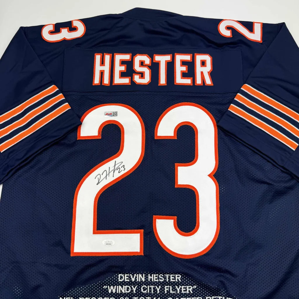 Autographed Devin Hester Chicago Blue Stat Football Jersey JSA COA | Certified Authentic Signed Memorabilia | vintageantiquesgifts.com