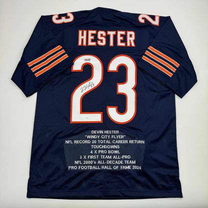 Autographed Devin Hester Chicago Blue Stat Football Jersey JSA COA | Hall of Fame Sports Memorabilia | vintageantiquesgifts.com
