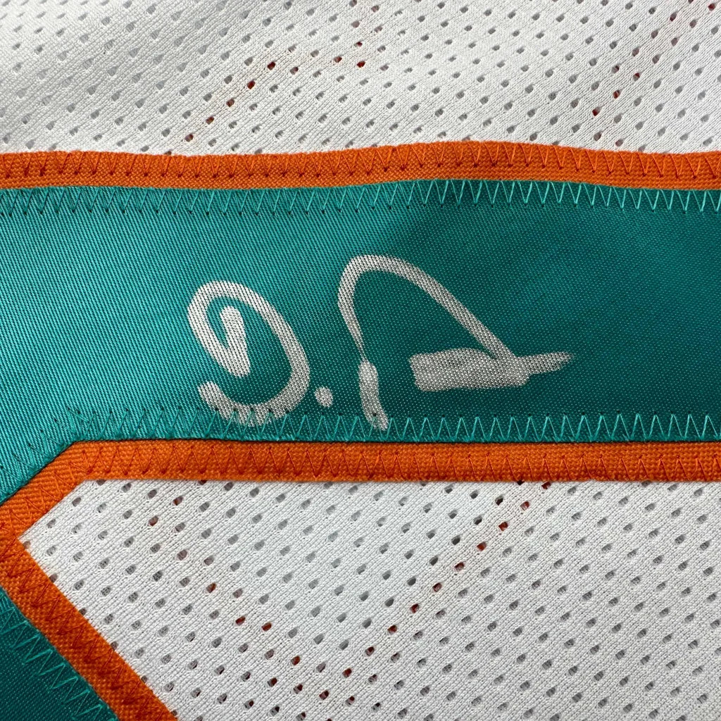 Teal orange stitched custom jersey panel with DeVon Achane signature, Miami white professional sports jersey