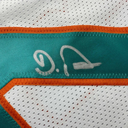 Teal orange stitched custom jersey panel with DeVon Achane signature, Miami white professional sports jersey