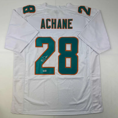 Autographed De’Von Achane custom Miami Dolphins white jersey #28 back