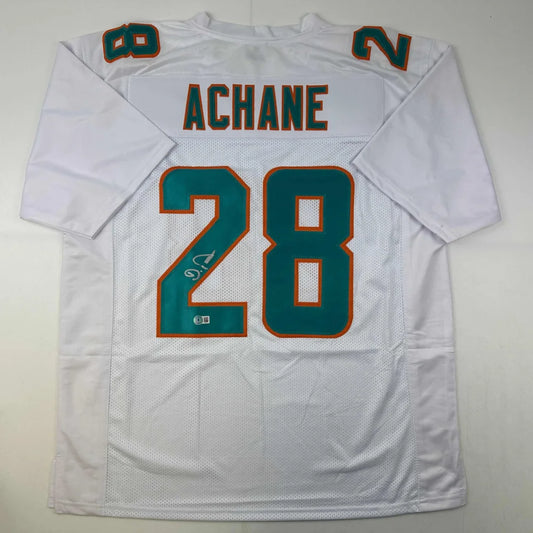 Autographed De’Von Achane custom Miami Dolphins white jersey #28 back