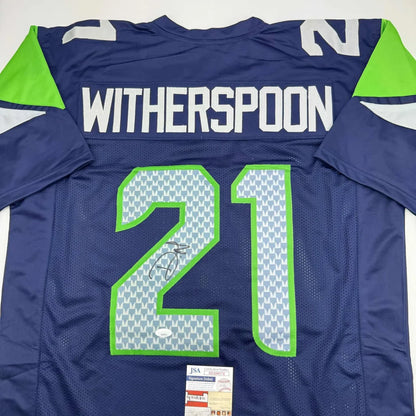 Autographed navy blue and green custom jersey with Witherspoon 21 for professional sports fans