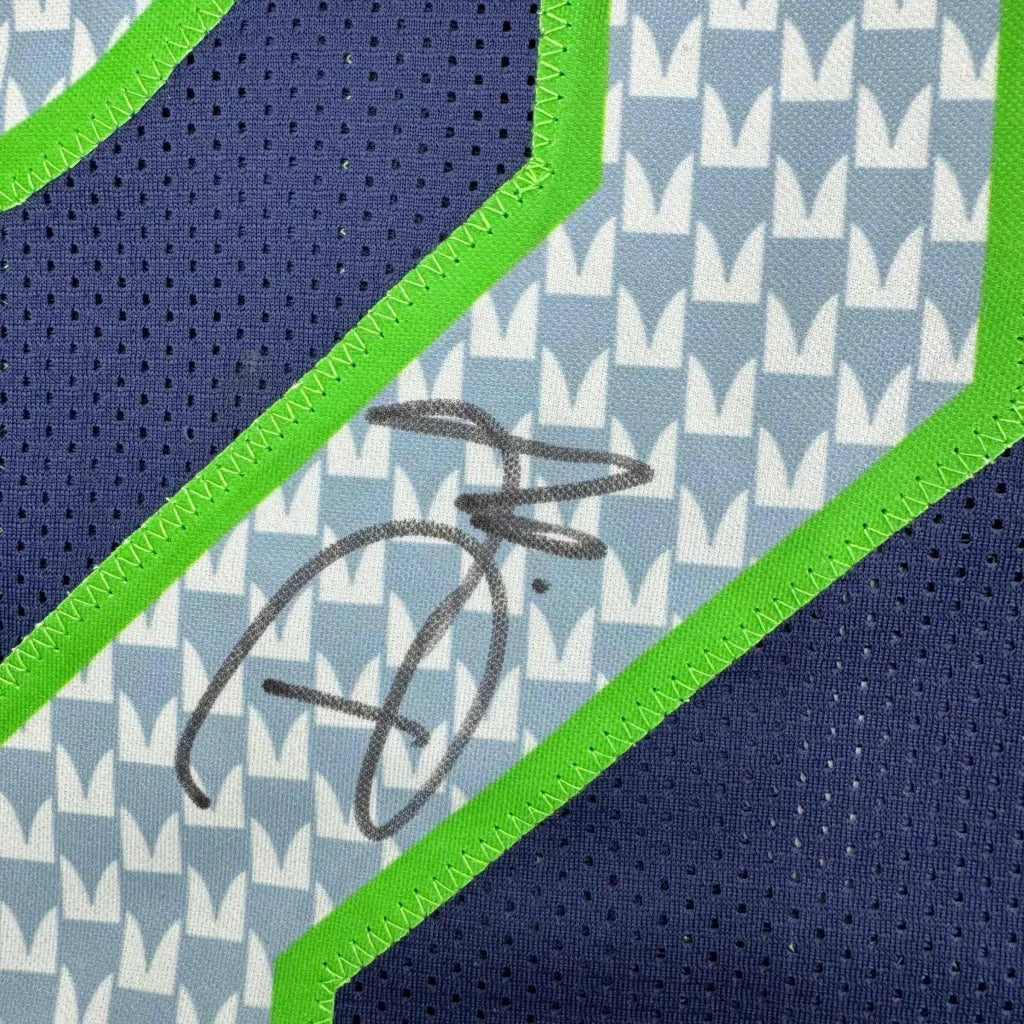 Autographed blue and white patterned custom jersey from professional sports league