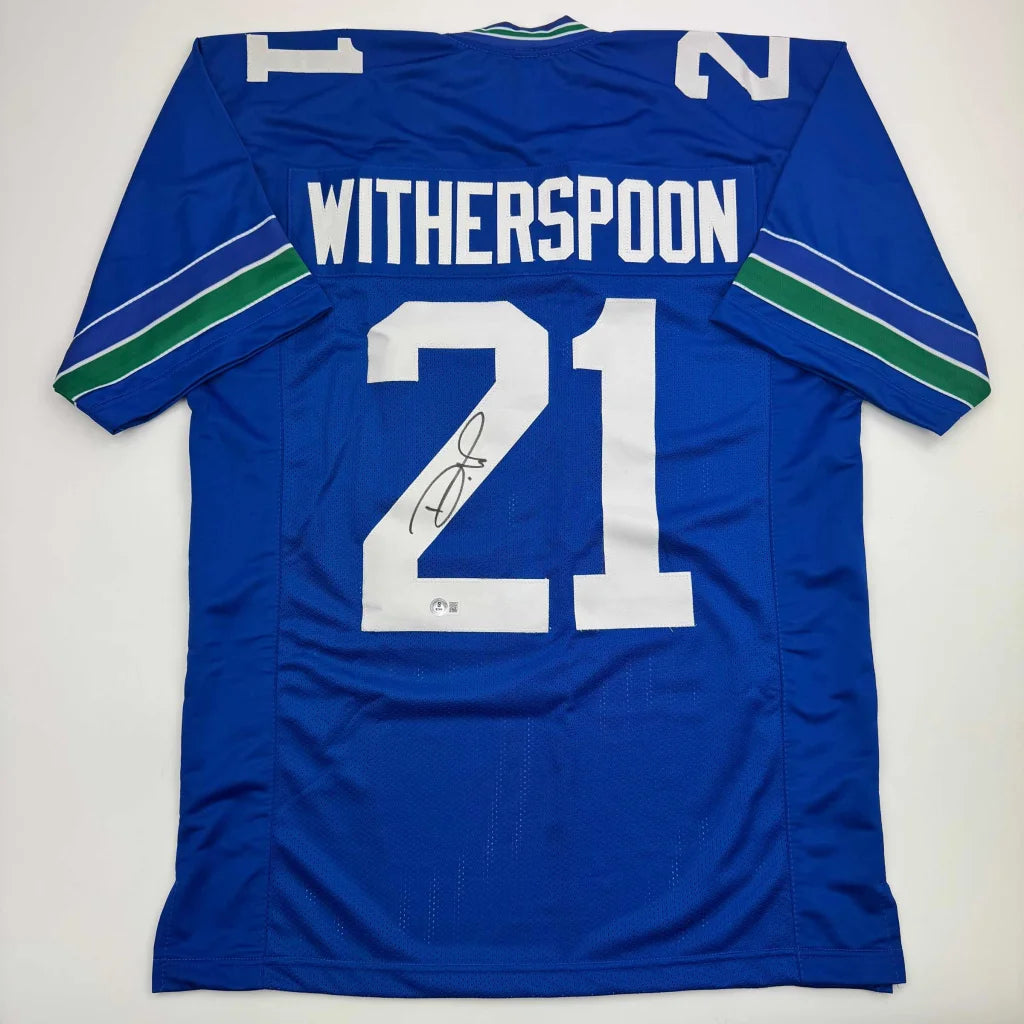 Autographed Devon Witherspoon Seattle Blue Retro Football Jersey Beckett BAS COA | Hall of Fame Sports Memorabilia | vintageantiquesgifts.com