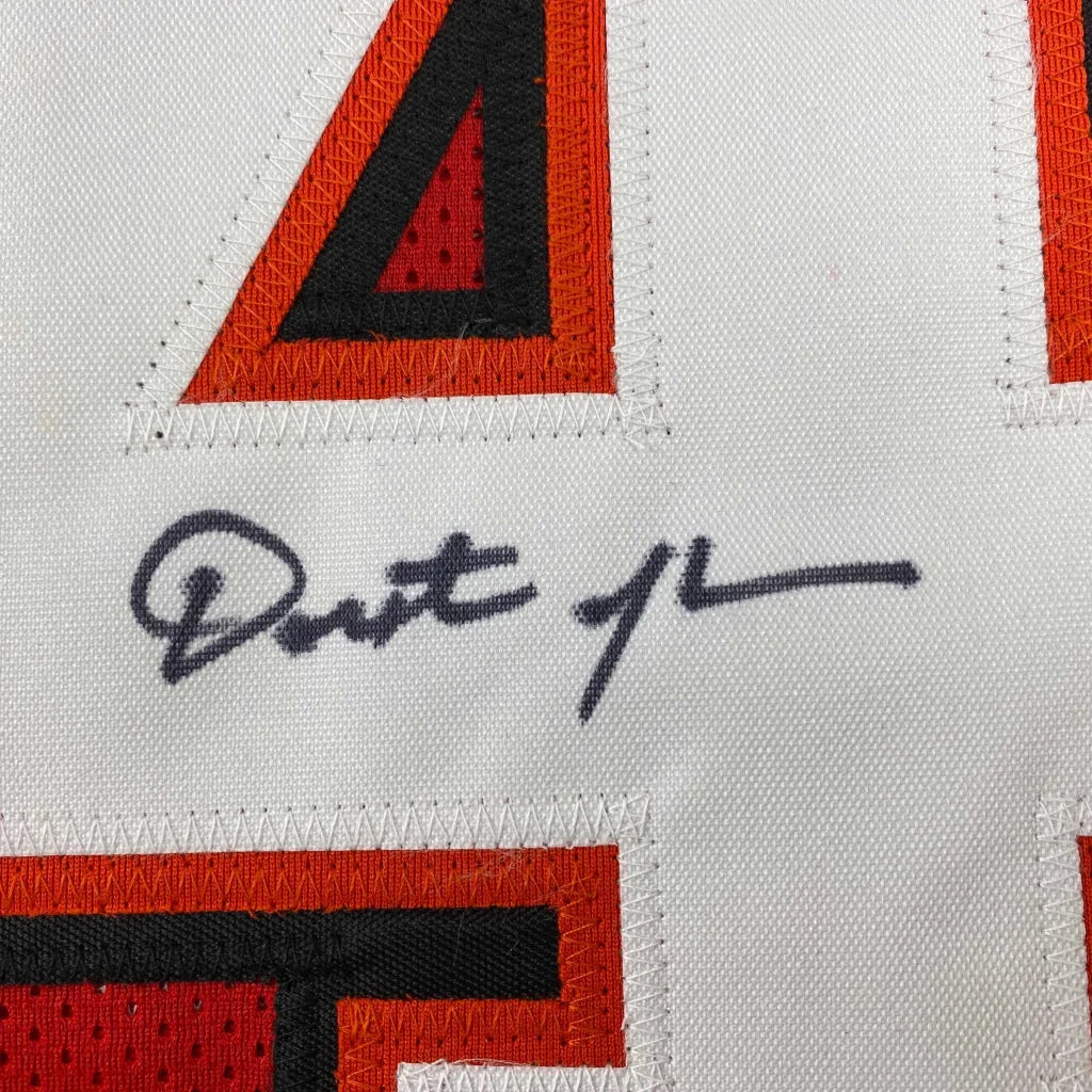 White athletic Dexter Jackson Tampa Bay red football custom jersey with red black embroidery and dark ink signature professional sports league