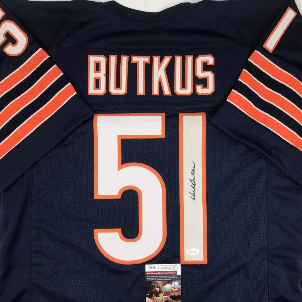 Dark blue Chicago Bears custom jersey with BUTKUS 51 autograph and authentication sticker