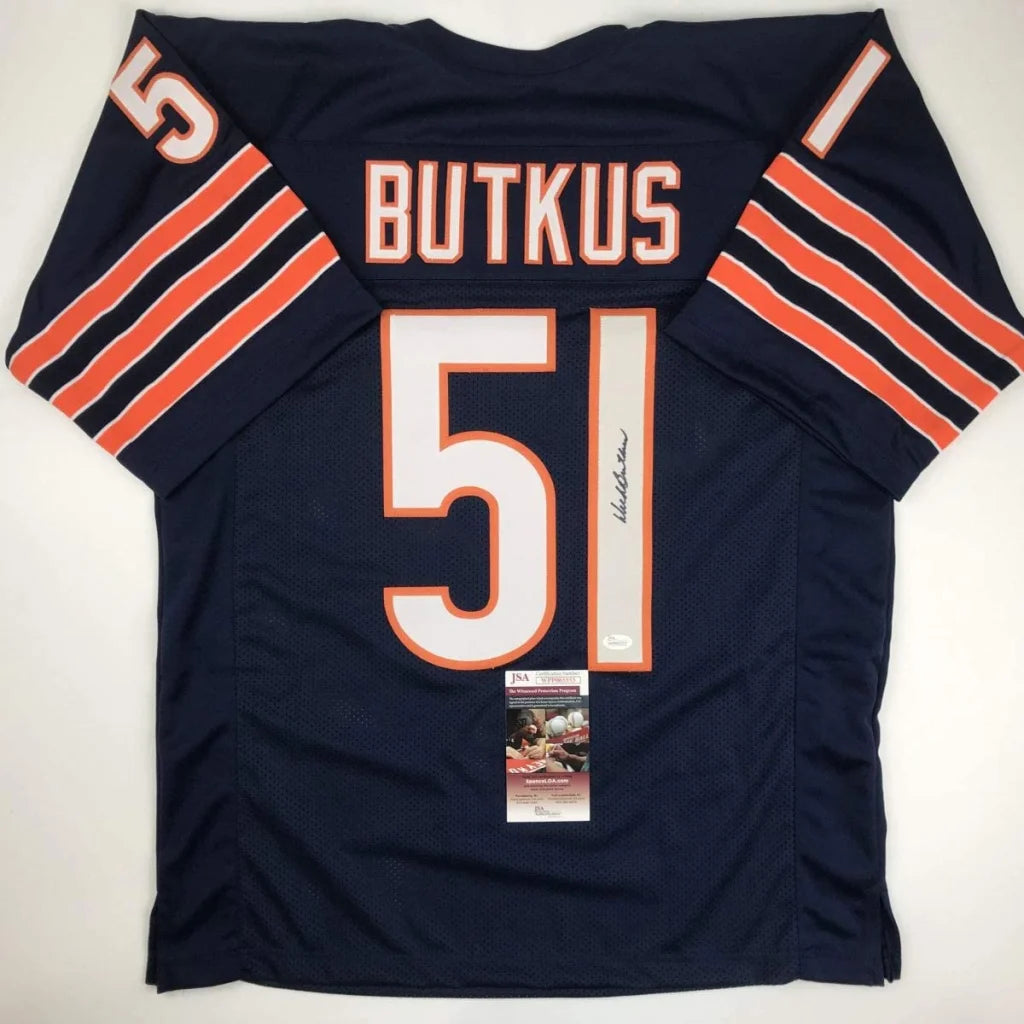 Dark blue custom jersey from professional sports league with BUTKUS and autograph