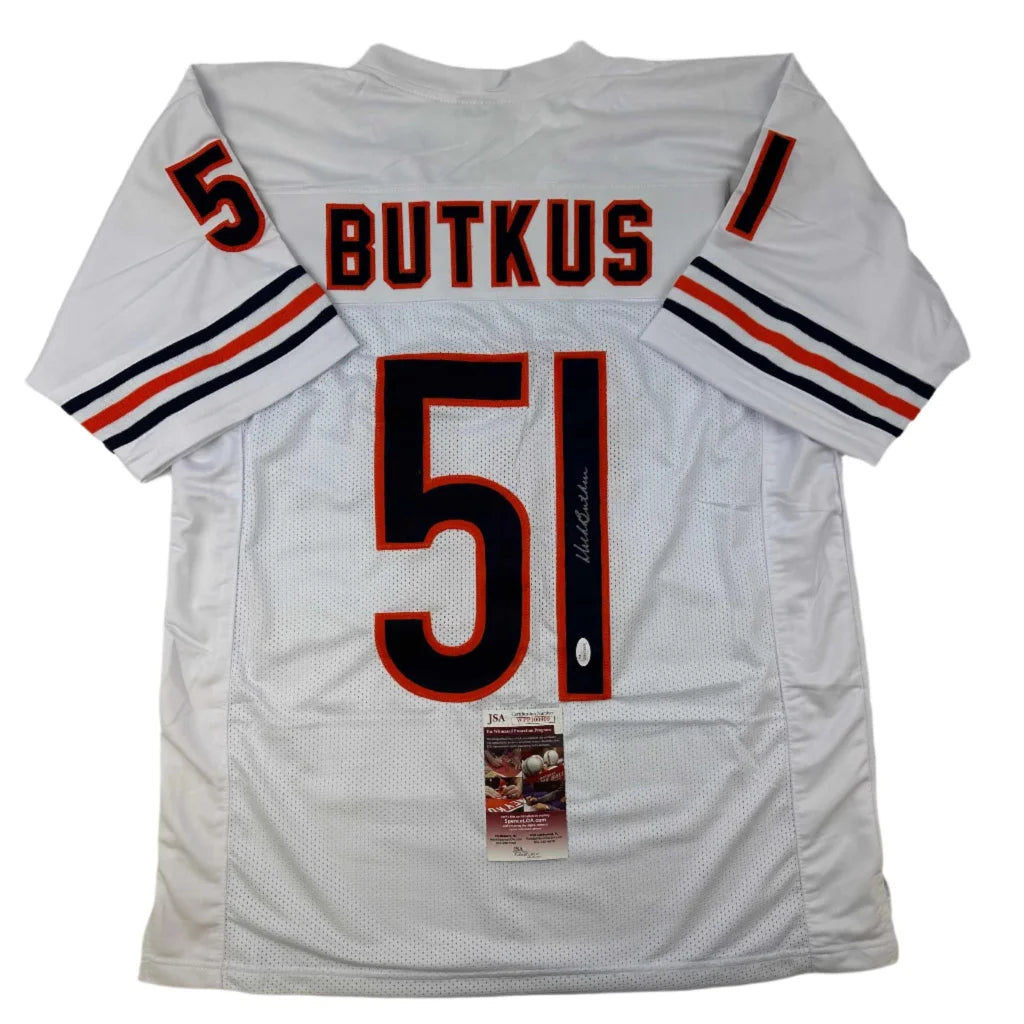 Autographed Dick Butkus Chicago White Football Jersey JSA COA | Hall of Fame Sports Memorabilia | vintageantiquesgifts.com