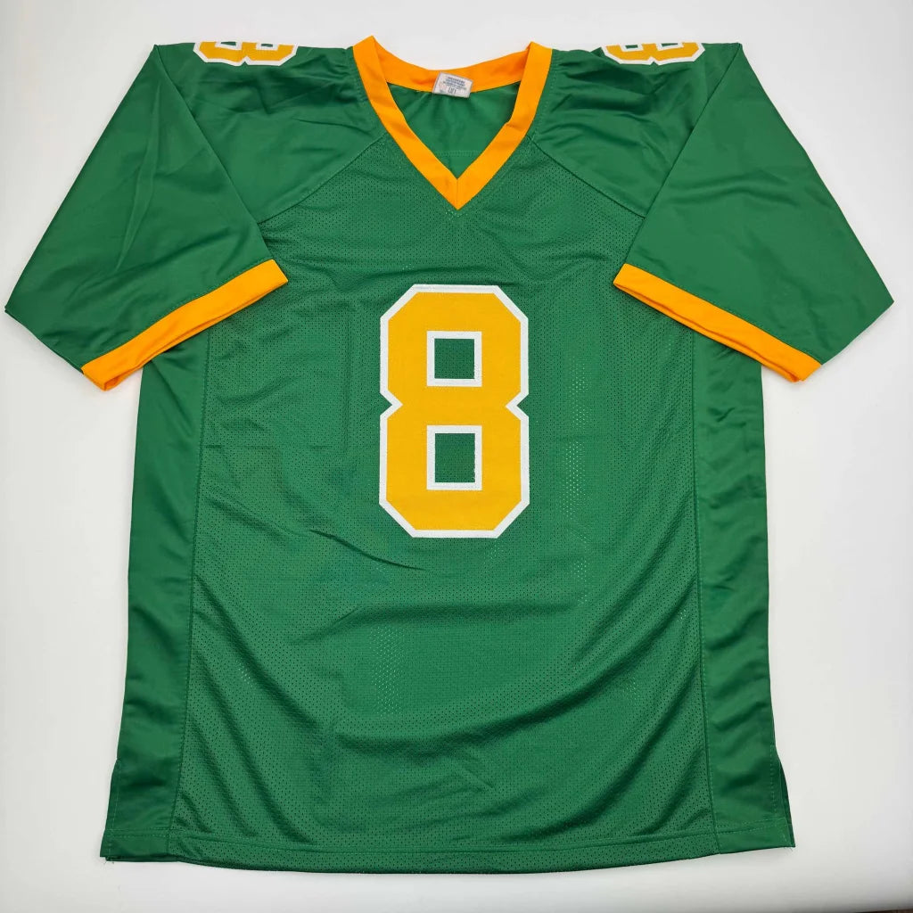 Green custom jersey with orange trim and number 8 for professional sports league