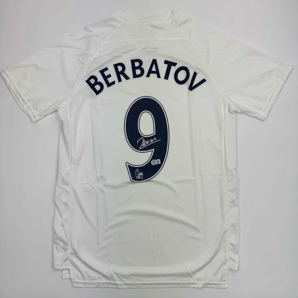 Back of white dimitar berbatov tottenham custom jersey with navy blue number 9 and autograph for professional sports league
