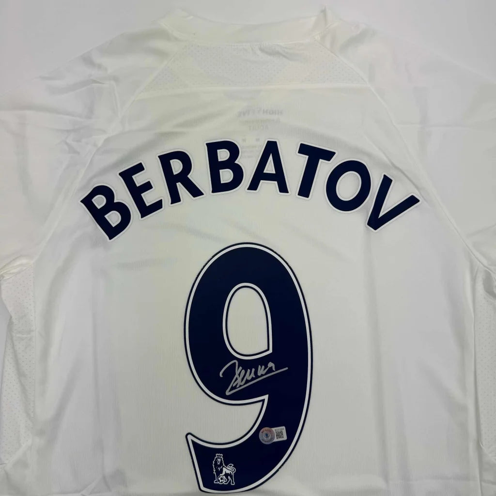 Back side of white tottenham hotspur custom jersey signed by dimitar berbatov number 9 from professional sports league