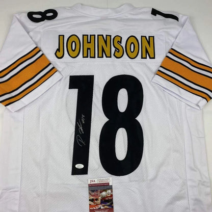 Back of an autographed Diontae Johnson Pittsburgh white football custom jersey with black and gold lettering number 18 professional sports league