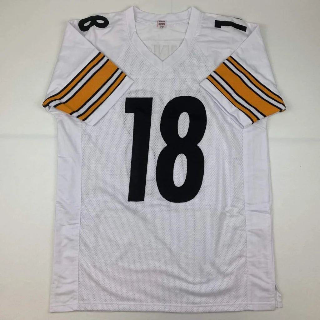Autographed Diontae Johnson custom white football jersey with black number 18 and gold-and-black striped sleeves from professional sports league
