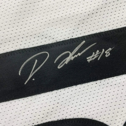White signature and #1/8 inscription on black stripe of white mesh Diontae Johnson Pittsburgh custom jersey from professional sports league