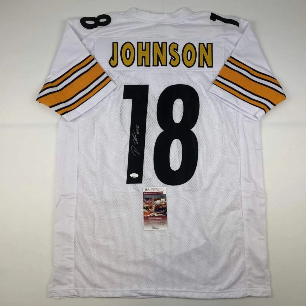 Back side of an autographed diontae johnson pittsburgh white custom football jersey with black and gold trim and number 18