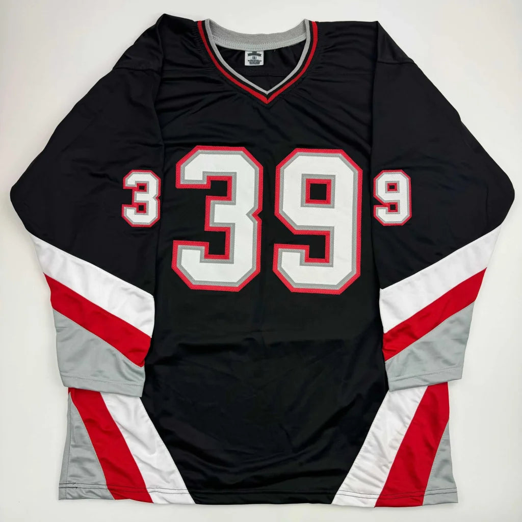 Autographed Dominik Hasek custom jersey in black Buffalo style with white red 39 numerals