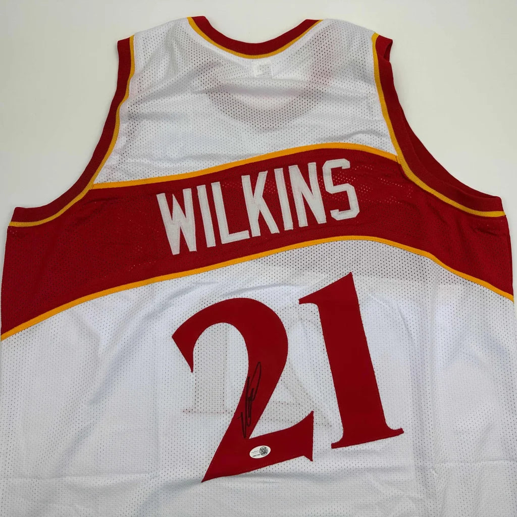 Autographed Dominique Wilkins white custom jersey with red 21, JSA COA