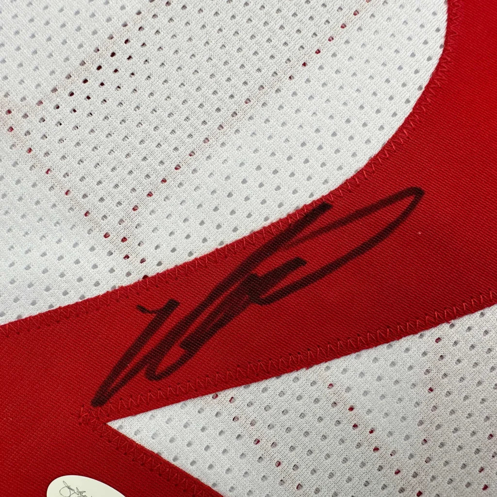 Autographed Dominique Wilkins Atlanta Hawks white custom jersey with red and white mesh, black signature, JSA COA