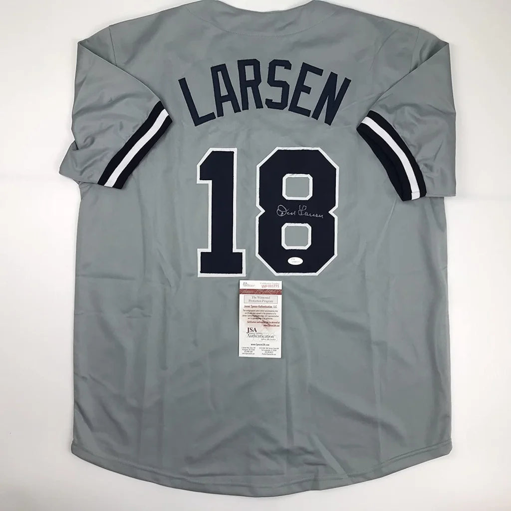 Gray custom jersey from Professional Sports League with Larsen 18 signature and JSA sticker