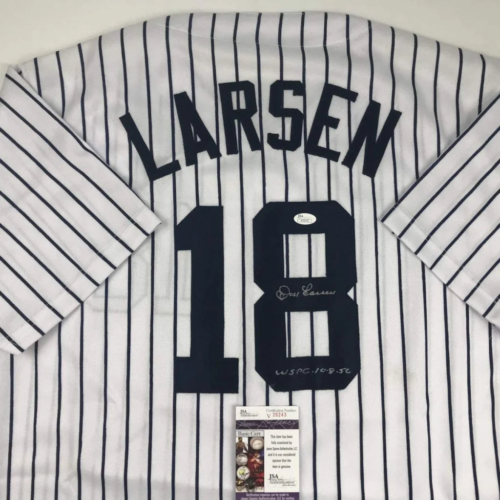 Autographed Don Larsen New York pinstripe custom jersey, number 18, JSA COA