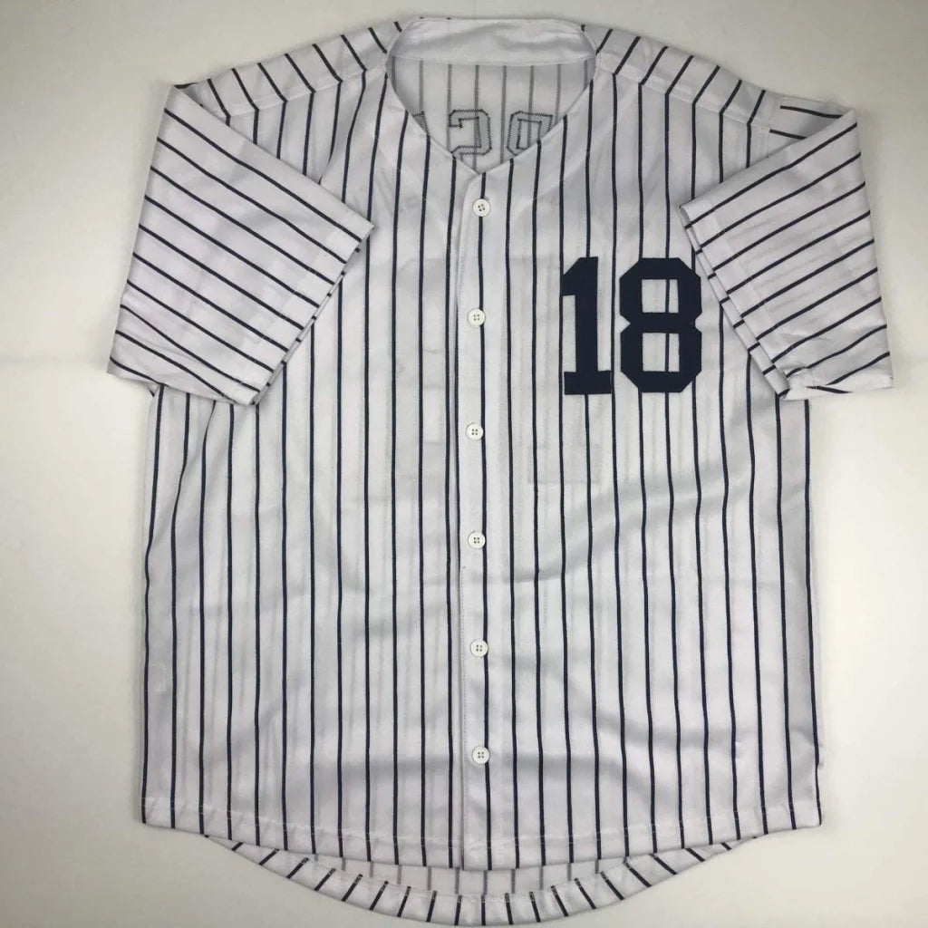 Autographed Don Larsen New York pinstripe custom jersey with number 18, JSA COA