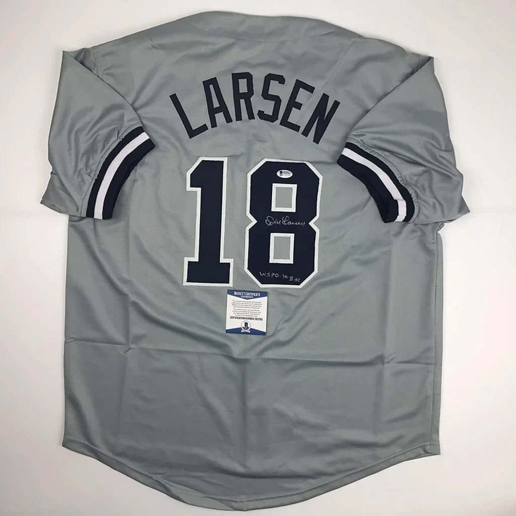 Autographed Don Larsen WS PG 10-8-56 New York Grey Baseball Jersey Beckett BAS COA | Hall of Fame Sports Memorabilia | vintageantiquesgifts.com