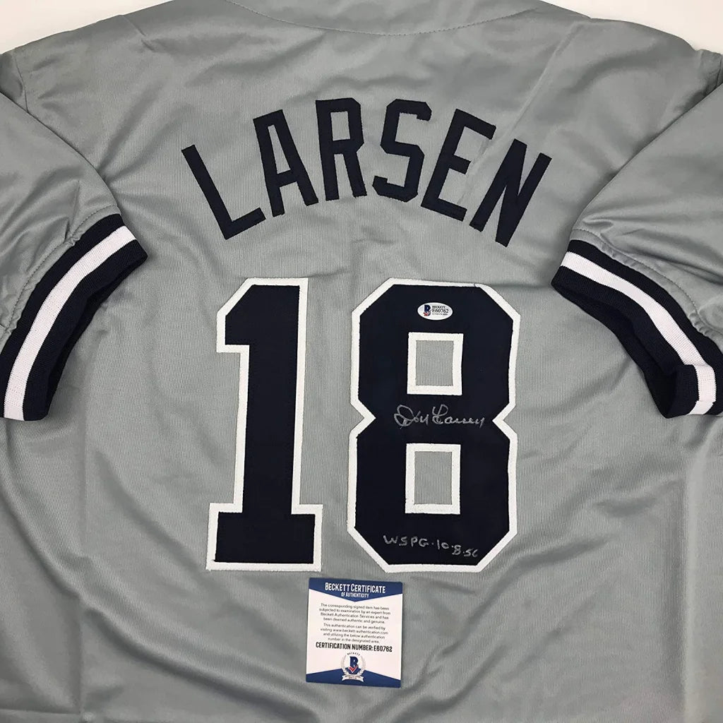 Autographed Don Larsen WS PG 10-8-56 New York Grey Baseball Jersey Beckett BAS COA | Certified Authentic Signed Memorabilia | vintageantiquesgifts.com