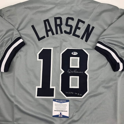 Autographed Don Larsen WS PG 10-8-56 New York Grey Baseball Jersey Beckett BAS COA | Certified Authentic Signed Memorabilia | vintageantiquesgifts.com
