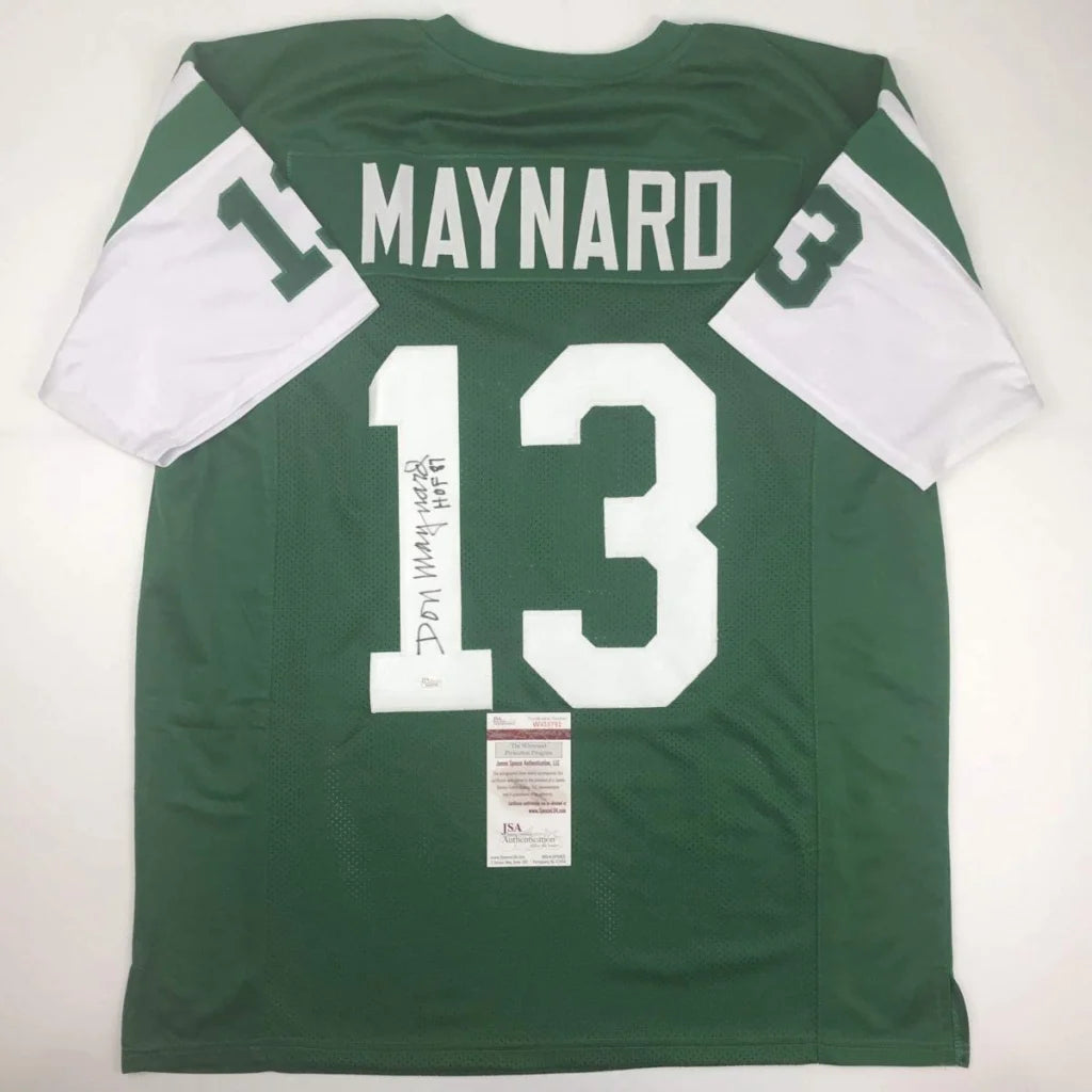 Green American football jersey signed by Don Maynard, perfect for professional sports fans