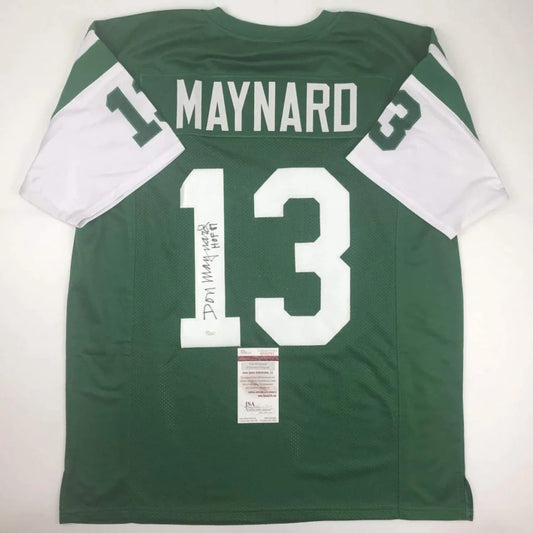 Green American football jersey signed by Don Maynard, perfect for professional sports fans