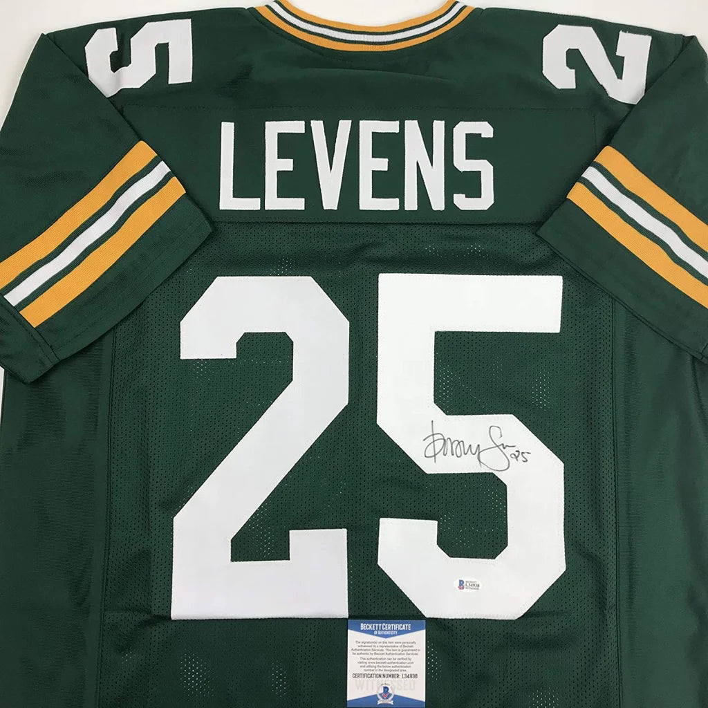 Autographed dorsey levens green bay packers custom jersey in green and gold with white lettering number 25 from professional sports league