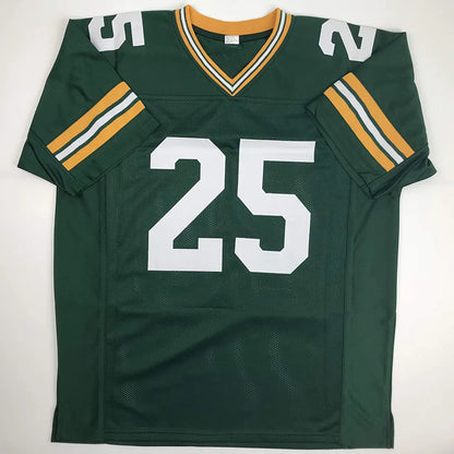 Autographed dorsey levens green bay custom football jersey with number 25 and gold white sleeve stripes professional sports league