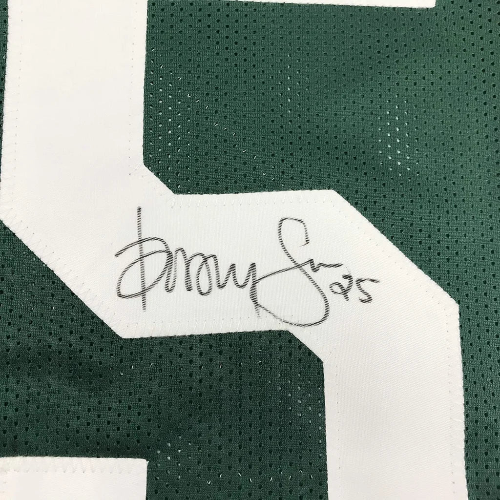 Autographed green and white mesh custom jersey with signed number 25 patch from professional sports league player dorsey levens