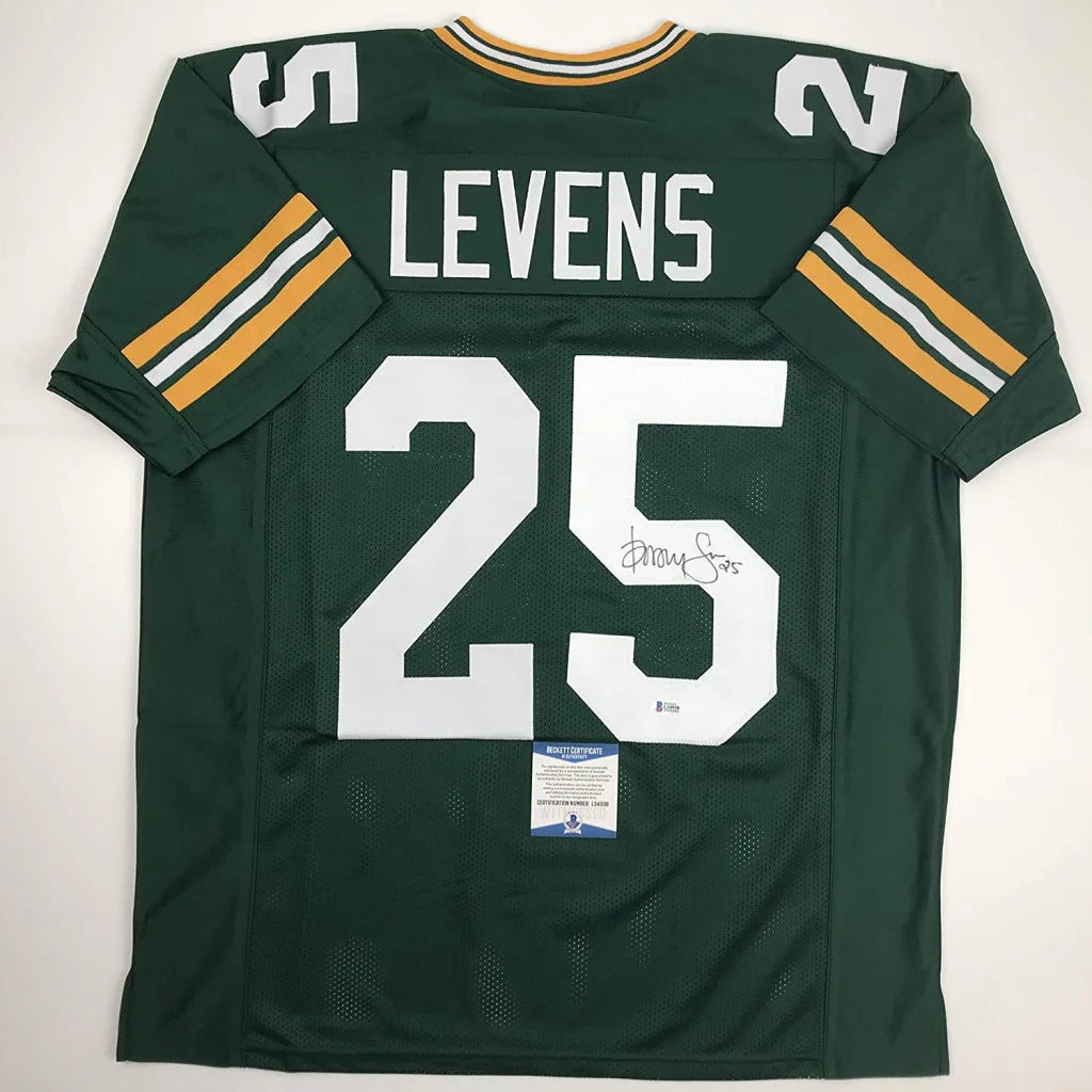 Back of autographed dorsey levens green bay custom football jersey with white lettering number 25 professional sports league