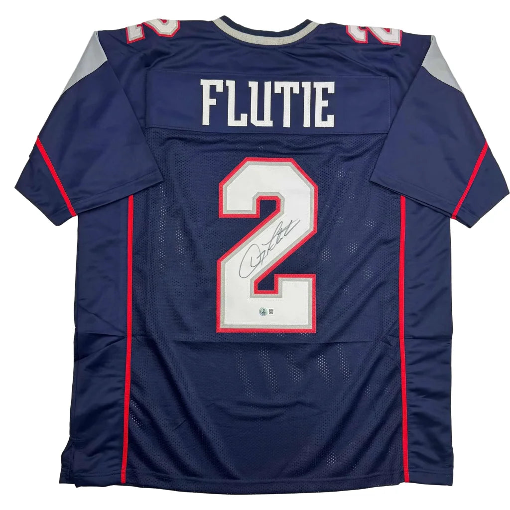 Autographed Doug Flutie New England Blue Football Jersey Beckett BAS COA | Hall of Fame Sports Memorabilia | vintageantiquesgifts.com