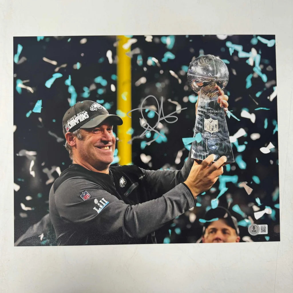 Autographed Doug Pederson Philadelphia Eagles Super Bowl LII 52 Champions 11x14 Football Photo Beckett BAS COA | Hall of Fame Sports Memorabilia | vintageantiquesgifts.com