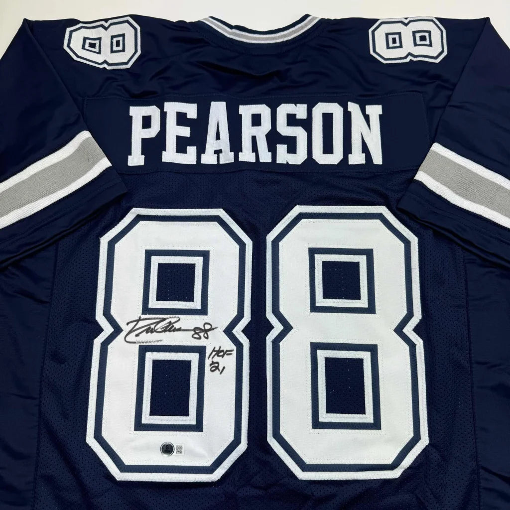 Back view of navy blue dallas cowboys custom jersey with white and silver trim featuring pearson 88 for professional sports league