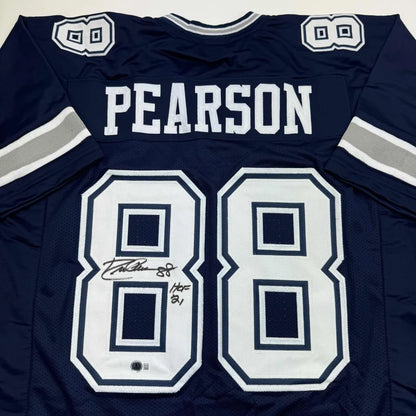 Back view of navy blue dallas cowboys custom jersey with white and silver trim featuring pearson 88 for professional sports league