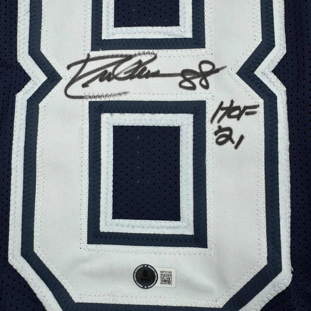 Autographed navy blue and white custom jersey number 88 by Drew Pearson from professional sports league football