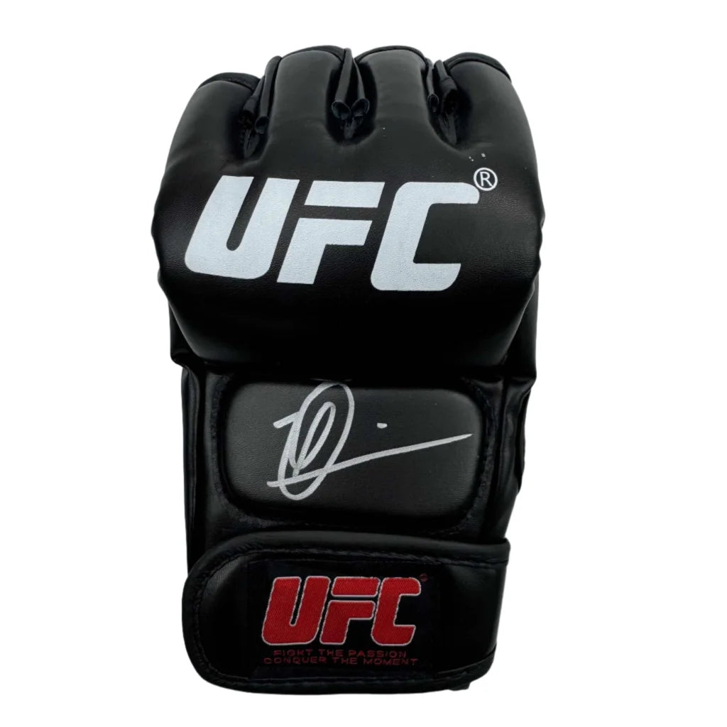 Black UFC MMA glove with white and red logos, featuring third party authentication