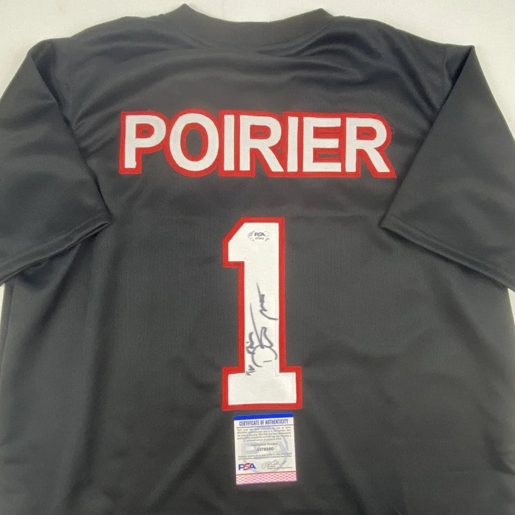 Dustin Poirier signed black and red sports jersey with number 1 and bold lettering