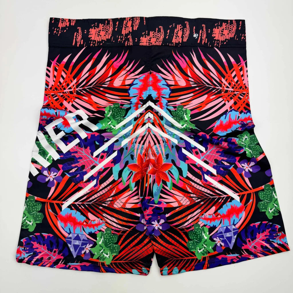 Colorful tropical print athletic shorts from Authenticated Tropical Flame collection