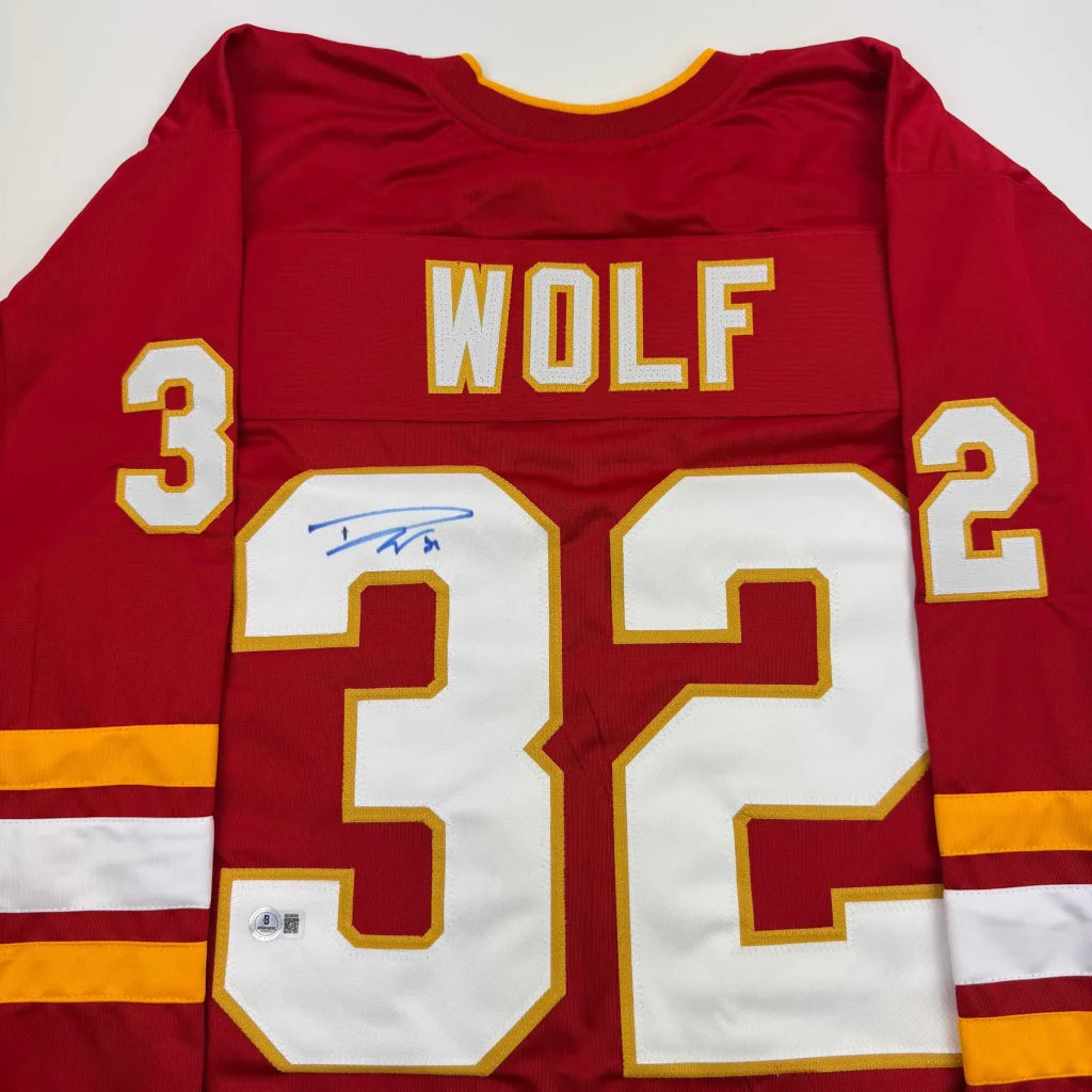 Autographed Dustin Wolf Calgary Flames red custom jersey, number 32, Beckett COA