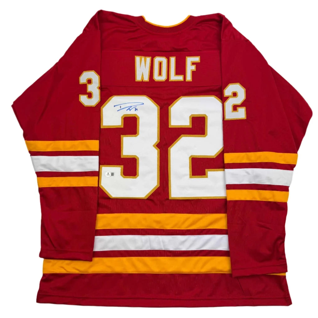 Aut. Autographed Dustin Wolf Calgary Flames red custom jersey with wolf and 32