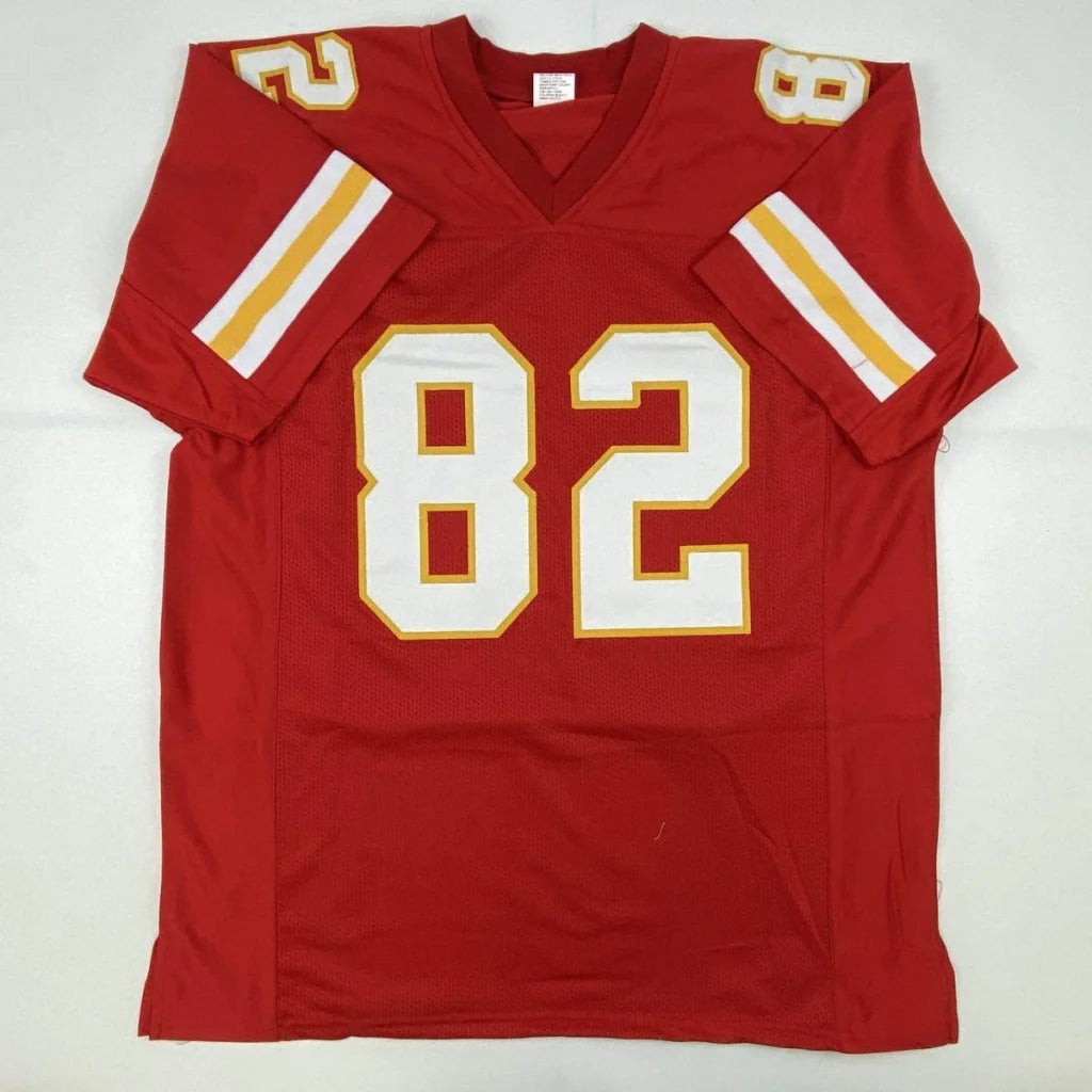 Autographed kansas city red football jersey with white and gold numbering v-neck collar sleeve stripes custom jersey professional sports league