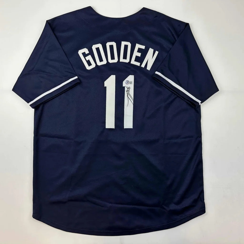 Autographed Dwight Doc Gooden New York Blue Baseball Jersey Beckett BAS COA | Hall of Fame Sports Memorabilia | vintageantiquesgifts.com